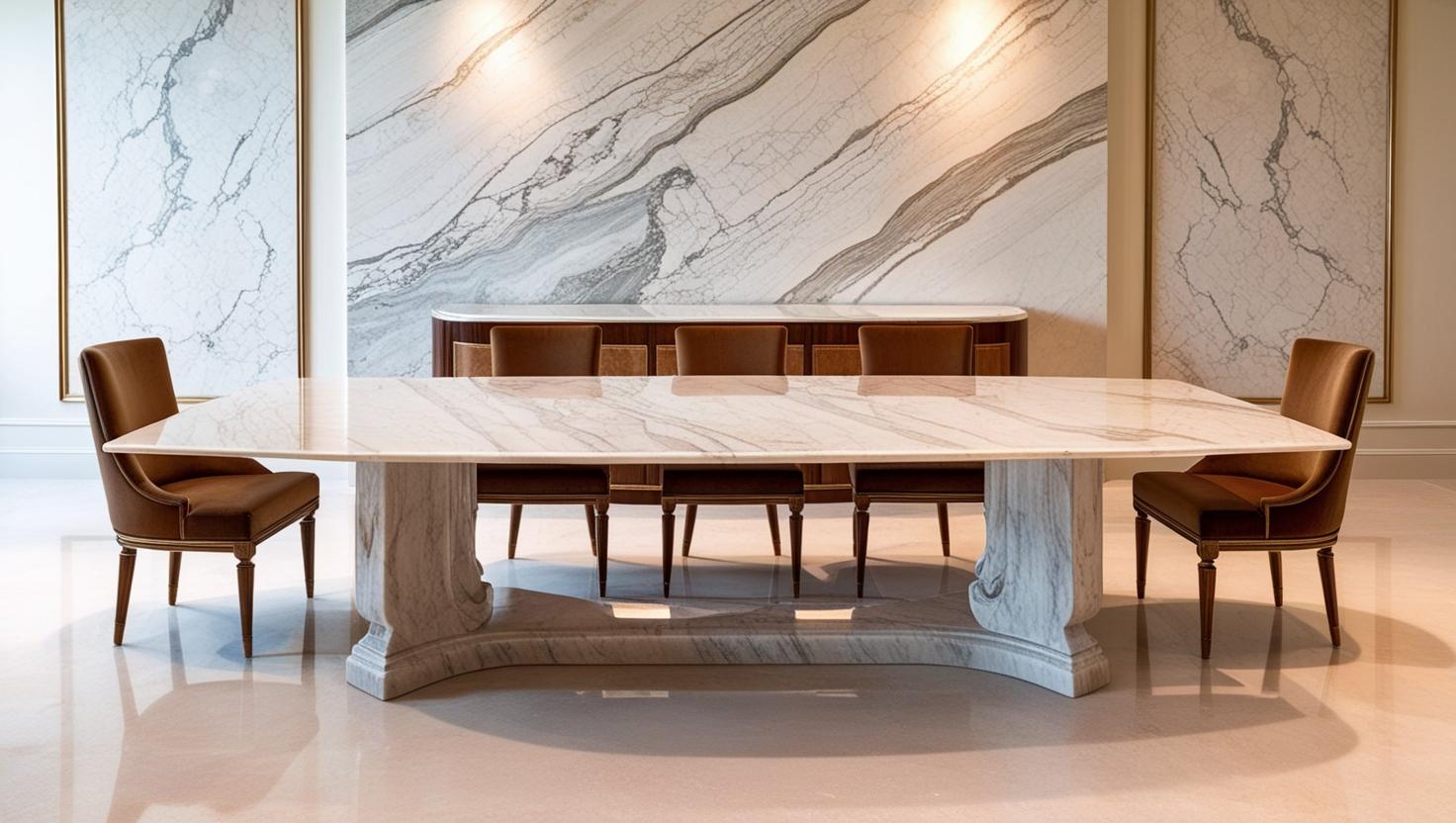 a beautiful marble top table with marble legs placed in a center of dining with furnished chairs with a background of a wall cladded with a beautiful marble